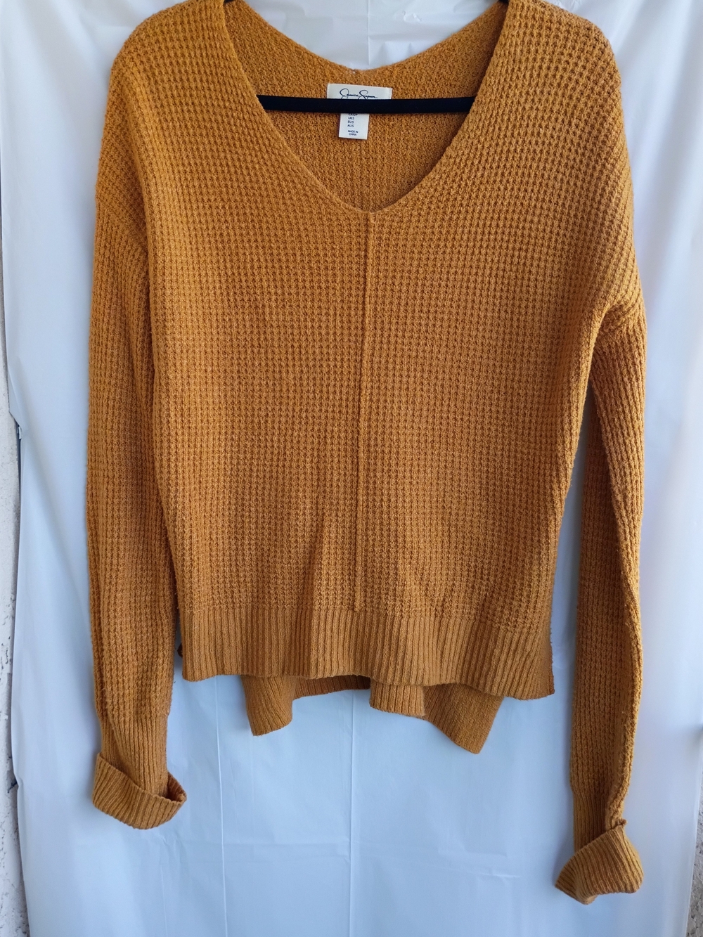 Jessica Simpson Mustard Yellow Waffle Knit High-Low V-Neck Sweater - Size S